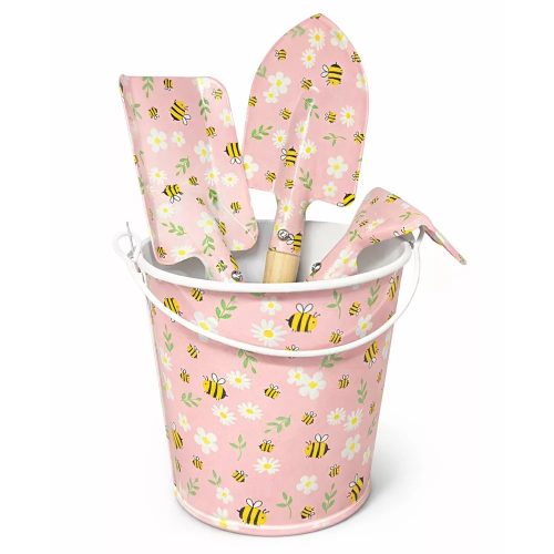 Homokozó vödör, lapáttal gereblyével - rózsaszín méhecskés