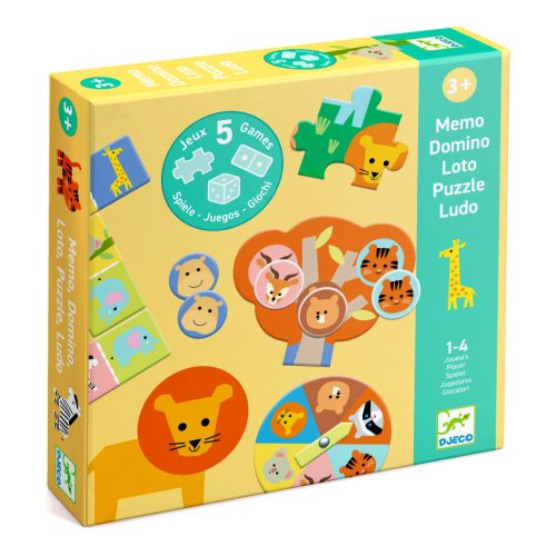 Djeco Társasjáték - 5 az 1-ben a savannán - Savannah animals, 5 GAMES